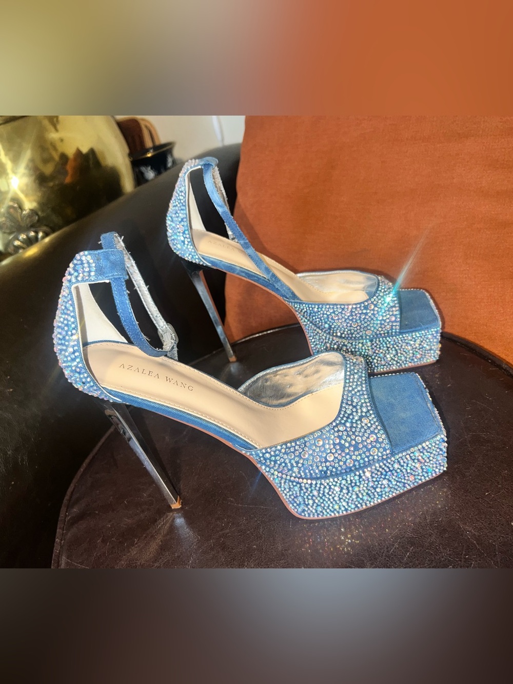 Azalea Wang Take It All Back Stiletto Sandal  iridescent rhinestone Denim sz 11